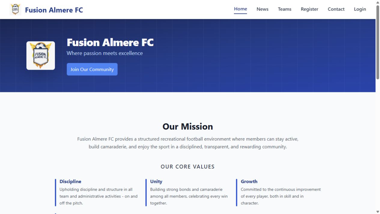 The Fusion Almere FC test website,
                    showing its club introduction and mission.